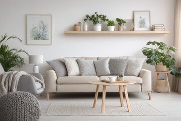 Light beige sofa with patterned pillows in a modern living room.