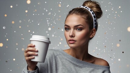 A stylish, confident woman with a messy bun and soft glam makeup - Stylish girl with Coffee Wearing Cozy Off-Shoulder Sweatshirt and Headband

