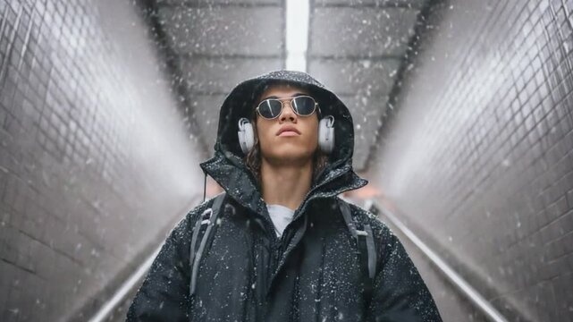 Young person in winter coat wearing headphones in snowy city environment, looking up with focused expression