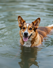 playful pup splashing in the waves, colorful. with white shades