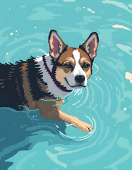playful dog splashing in the water, pixel art. with white shades