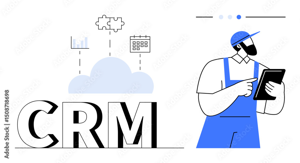 Aufkleber crm cloud with icons for analytics, puzzle piece, and calendar alongside worker in uniform using a t