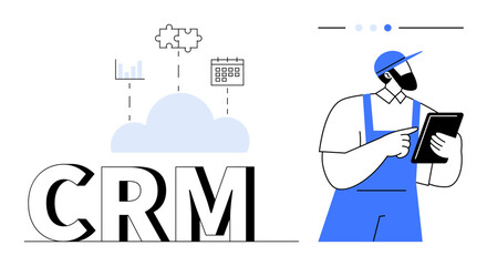 CRM cloud with icons for analytics, puzzle piece, and calendar alongside worker in uniform using a tablet. Ideal for business management, technology, teamwork, planning, strategy, data management