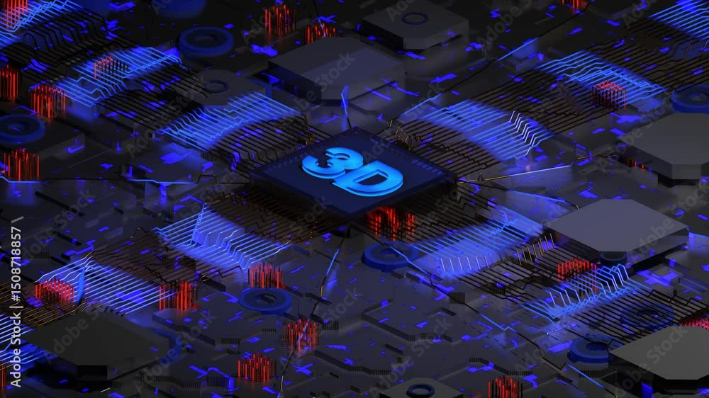 Aufkleber futuristic 3d circuit board with glowing blue and red connections - animated background loop