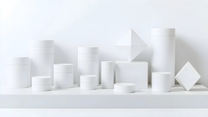 A minimalist, studio shot of various geometric shapes and containers, all in a clean, white color scheme, perfect for product placement.