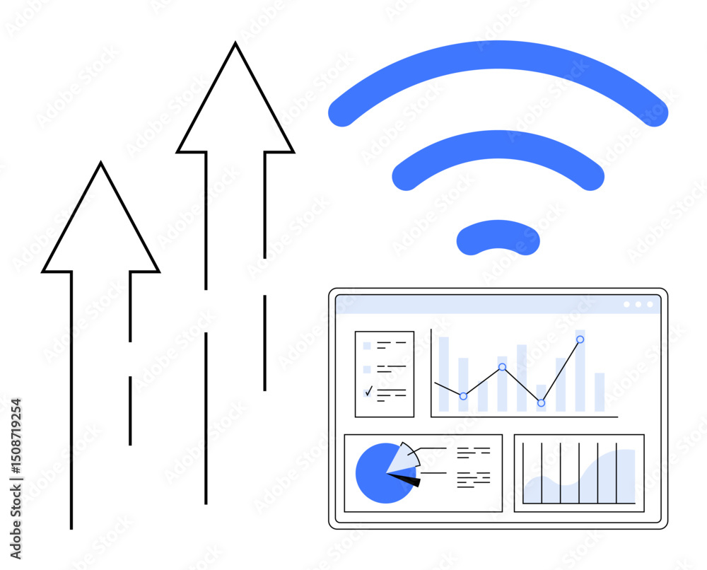 Poster growth arrows, wireless signal, and analytics dashboard with charts and graphs. ideal for data growt