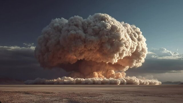 Massive nuclear explosion with mushroom cloud at dusk
