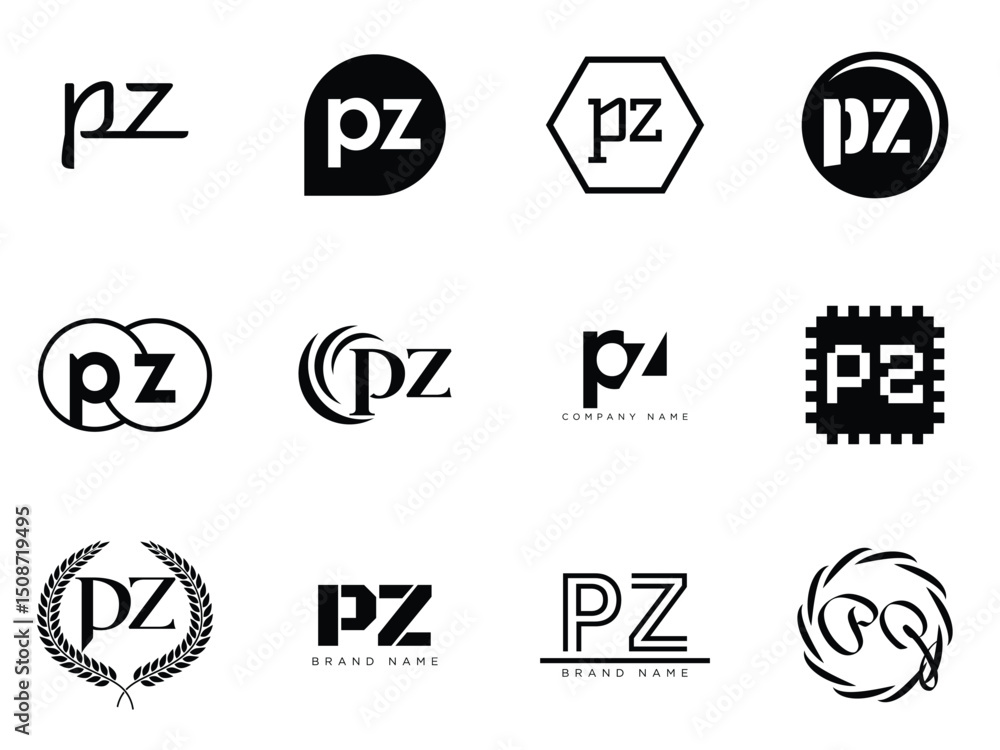 Fototapete pz logo company template. letter p and z logotype. set different classic serif lettering and modern 