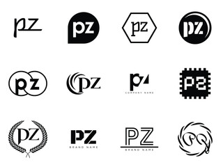 PZ logo company template. Letter p and z logotype. Set different classic serif lettering and modern bold text with design elements. Initial font typography.