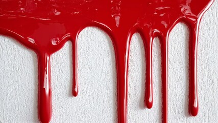 Fresh glossy red paint drips down a flat white wall surface in smooth uneven streams, contrasting textures with motion captured mid-drip in clean close-up macro composition - Powered by Adobe