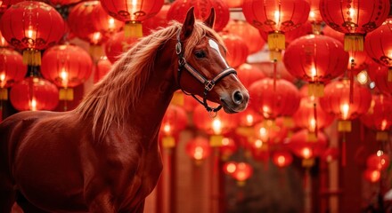 Cartoon red horse with yellow saddle against blue background  