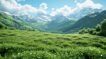 Naklejka premium Lush green meadow stretches to snowy peaks