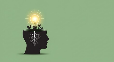 Silhouette head with lightbulb and plant symbolizing sustainable thinking, eco-innovation, and mindful intelligence. Minimal Green background