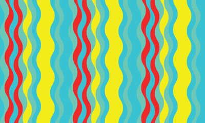 Vibrant, wavy stripes in yellow, turquoise, and red create an energetic, retrostyle pattern perfect for backgrounds, textiles, or website designs.