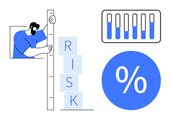 Person measuring stacked RISK blocks with a ruler, graph bars, and percentage symbol. Ideal for risk assessment, data analysis, planning, investment, statistics, business simple landing page