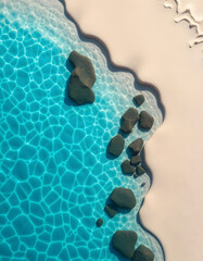 Bird's-eye perspective of pristine turquoise waves lapping against the golden sandy shore, papercraft. with white shades
