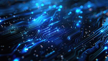 Intricate circuit board design with glowing blue lines.