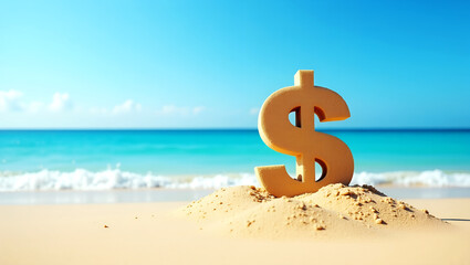Sandy Dollar Sign on Serene Beach with Turquoise Ocean and Clear Blue Sky – High-Resolution Symbolic Nature Scene