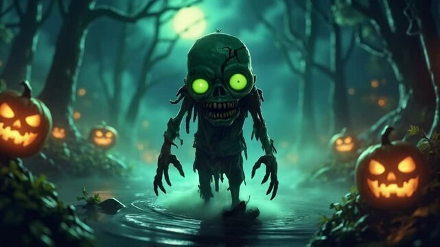 Cartoon zombie in swamp surrounded by jack o lanterns under a full moon at halloween night