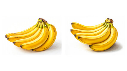 Two Bunches of Ripe Bananas with Yellow Skin and Green Stems, Placed Side by Side for a Natural Comparison
