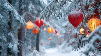 Snowy forest scene decorated with colorful lanterns hanging from snow covered branches, creating festive and enchanting winter