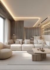 Modern beige living room interior design.
