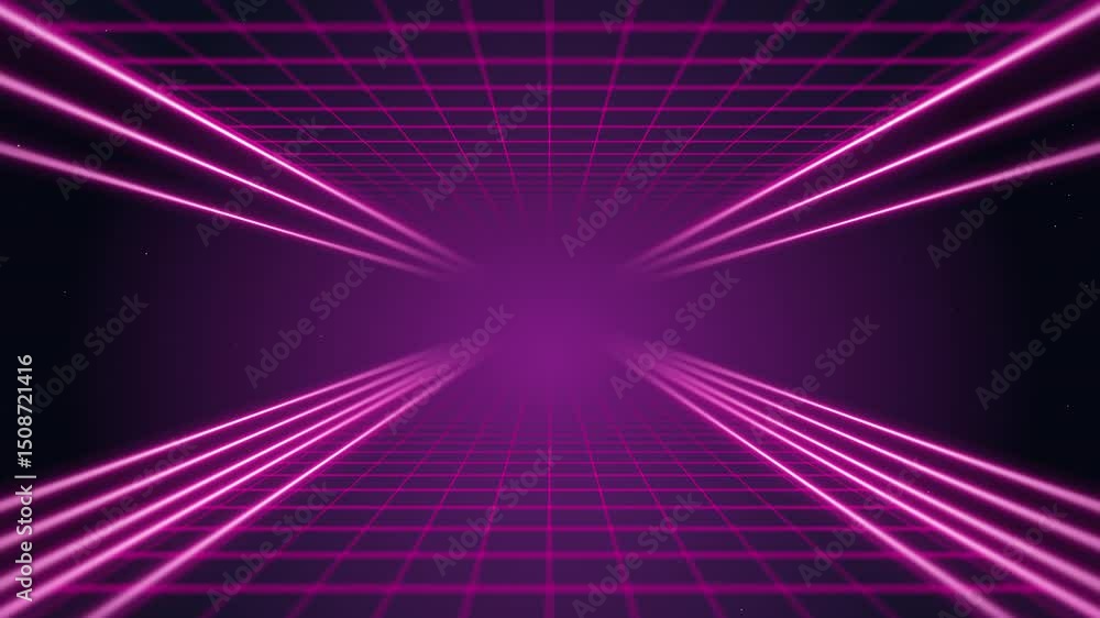 Poster digital artwork of a glowing neon tunnel featuring pink grid lines and a vanishing point effect on a