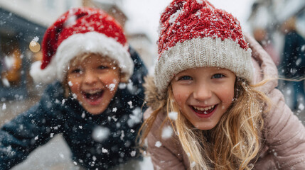 Children playing snow with Christmas hats smiling happily winter outdoor scene festive holiday celebration joyful kids