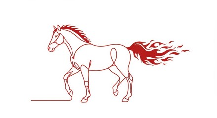 Cartoon red horse with yellow saddle against blue background  