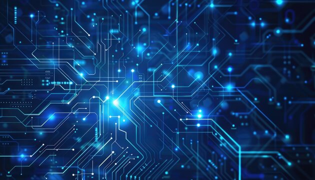 Complex digital circuit pattern with glowing lines.