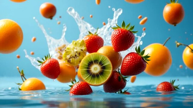 Fresh fruits exploding in water splashes