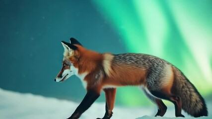 Red fox walking on snow under vibrant green aurora borealis and northern lights in cold winter night, showcasing wild animal in serene and magical wildlife nature scene - Powered by Adobe
