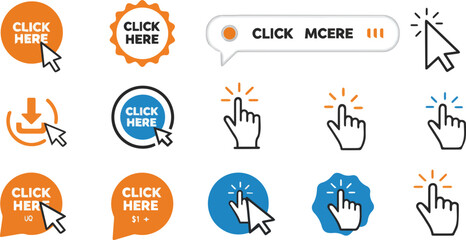  Click Here Button with Click cursor. Set of action buttons website buy or download. Click button. Touching cursor for buy or register or links to websites vector art color with white background.