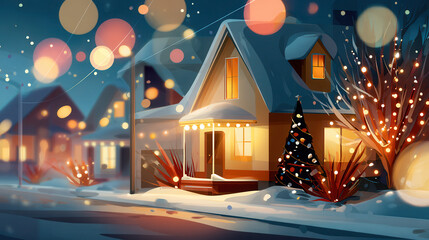 Cozy winter house illuminated with warm lights during snowy night, decorated with Christmas lights and surrounded by snow