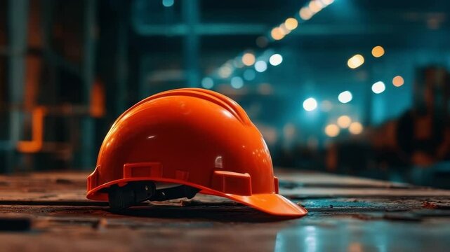 Construction helmet safety equipment orange hard hat industrial protective gear workplace safety precaution worker protection safety helmet construction site safety gear floor with blurred industrial