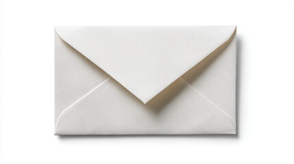 A simple closed white envelope, slightly textured, rests on a clean white surface creating a minimal, elegant image conveying correspondence or invitation elegantly.
