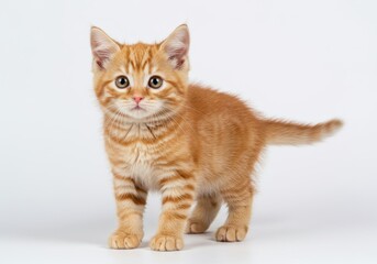 Obraz premium Ginger tabby kitten standing alert against a white background, looking at the camera