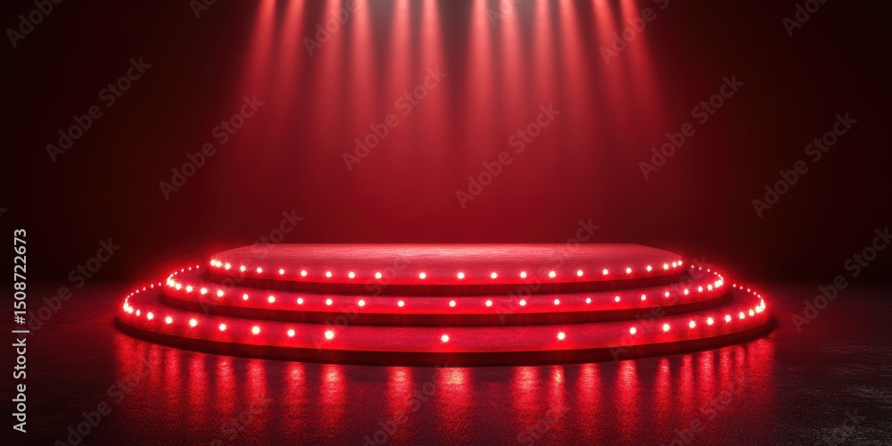 Poster illuminated red stage with spotlight shines in a dark environment during an evening performance