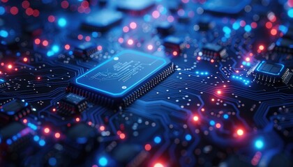 Obraz premium Close-up view of a circuit board with illuminated components.
