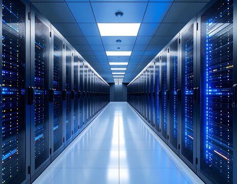A long hallway of server racks in a data center