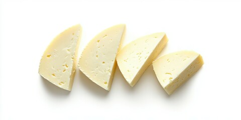 Slices of creamy cheese arranged on a plain background for a culinary presentation
