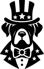 Independence Day Dog. Patriotic Dog Silhouette Wearing Uncle Sam Hat and Bow Tie with Stars