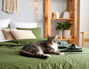 Tabby cat lounging on a green duvet in a bedroom
