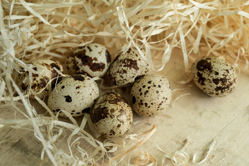 spotted quail eggs close-up on a wooden surface surrounded by decorative straw