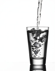 Crystal-clear water cascading over sleek glass on a pristine white backdrop with ample space for elegant text., silhouette. with white shades