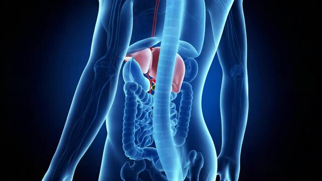 360 Orbit Medical X-Ray Illustration Highlighting Gallbladder and Digestive Organs Inside Transparent Human Torso
