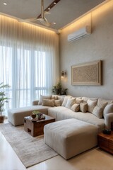 Fototapeta premium Beige sectional sofa and ottoman arrangement in a modern living room.