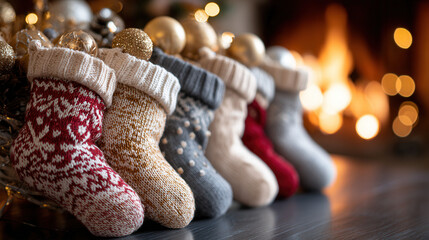 Festive Christmas stockings hanging near warm fireplace with glowing lights create cozy holiday atmosphere