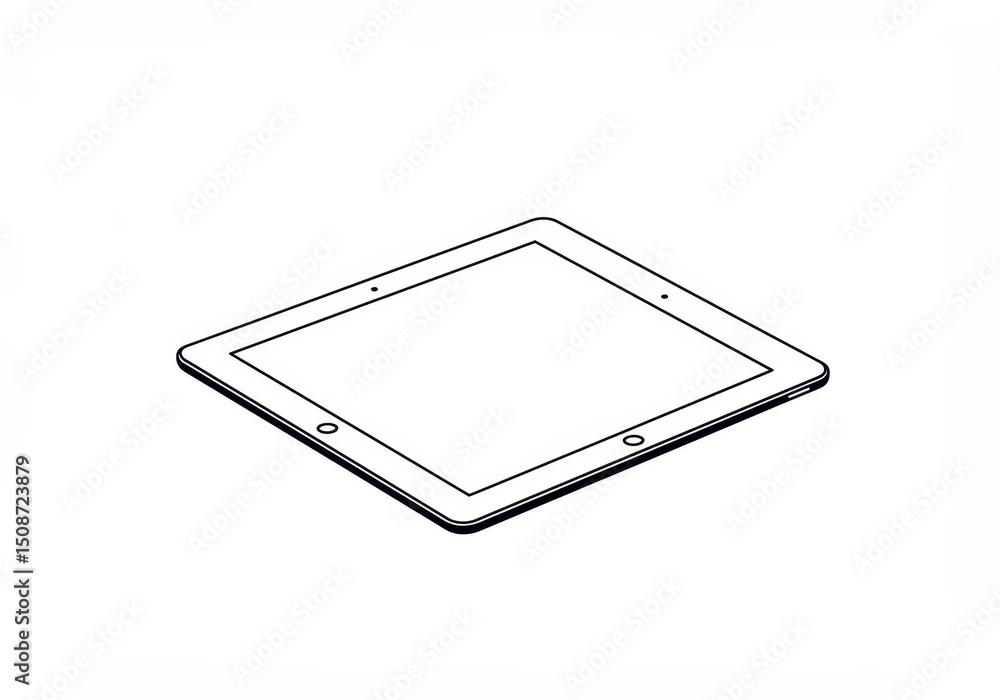 Poster minimalist line drawing of a tablet computer device on a white background