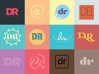 DR logo company template. Letter d and r logotype. Set different classic serif lettering and modern bold text with design elements. Initial font typography.